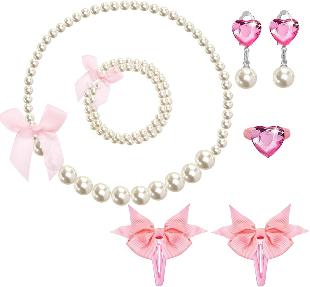 Handmade Pearl Kids Jewelry Set for Little Girls Toddler - Unique Clip On Earrings and Stretch Ne... | Amazon (US)