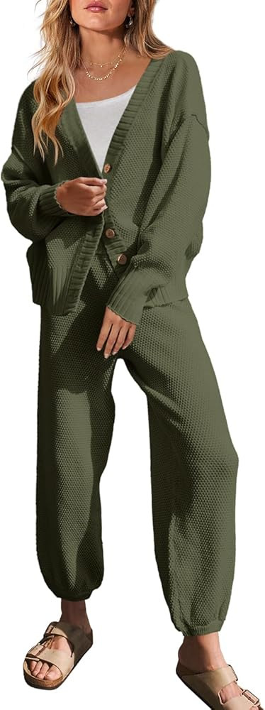 Yanekop Womens Two Piece Outfits V Neck Button Down Cardigan Sweater Sets Cozy Knit Loungewear Se... | Amazon (US)