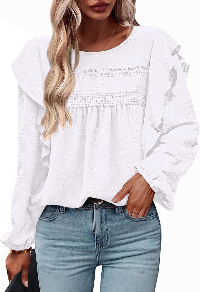BTFBM Women's Casual Long Sleeve Blouse Ruffle Trim Crew Neck Crochet Loose Swiss Dot Flowy Babyd... | Amazon (US)