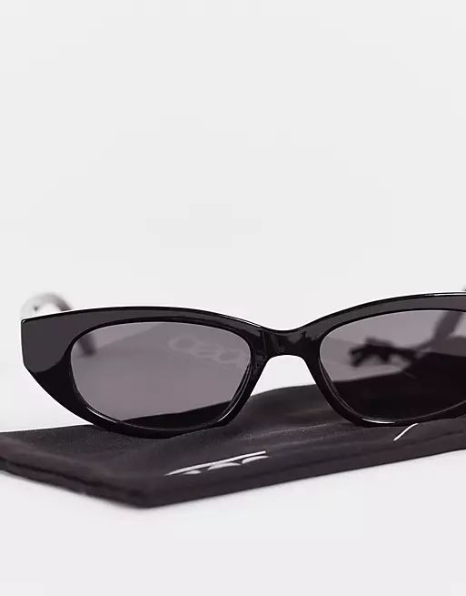 ASOS DESIGN recycled frame angled slim cat eye sunglasses in shiny black | ASOS (Global)