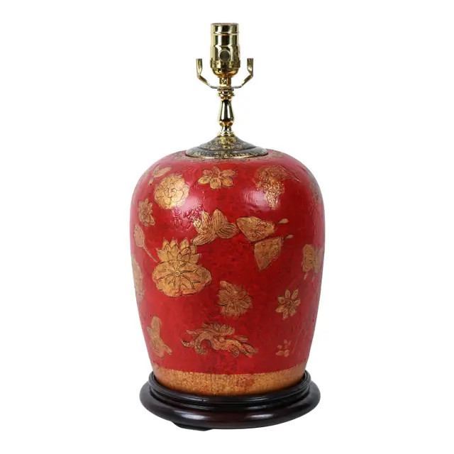 Red Hand Painted Flower Table Lamp | Chairish