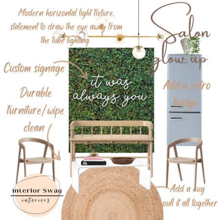 A fun plan for a salon glow up 
Target wood modern chairs and bench, wipe clean, round jute rug, boxwood wall panels, retro refrigerator, bust planter, modern lighting chandelier 
Amazon, Walmart, 

#LTKhome #LTKunder100 #LTKunder50
