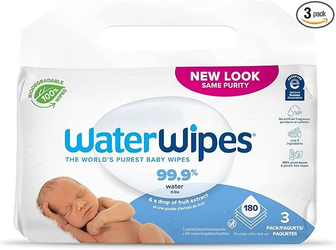 WaterWipes Biodegradable Original Baby Wipes, 99.9% Water Based Wipes, Unscented & Hypoallergen... | Amazon (US)