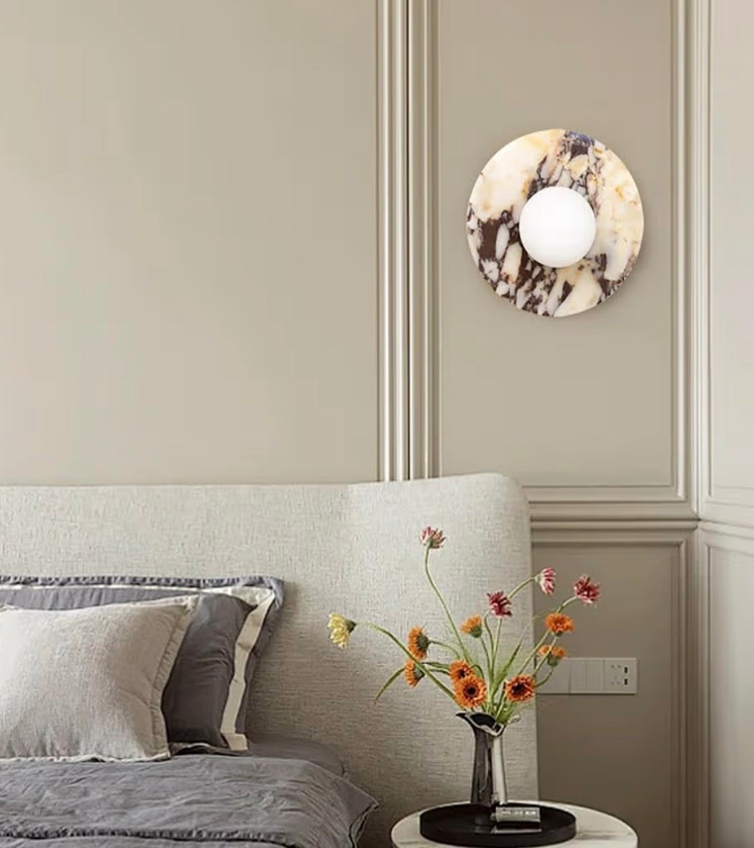 Alabaster Wall Sconces, 7.8 Inch Nordic Style Natural Stone Wall Lamp Round Marble Sconces Wall Lighting with Globe Glass Shade, Hardwired Indoor Wall Lights for Living Room Bedroom Hallway Stairs