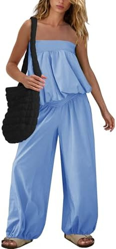 SENSERISE Pants Sets Women 2 Piece Outfits Bubble Off Shoulder Strapless Tube Top Wide Leg Pants ... | Amazon (US)