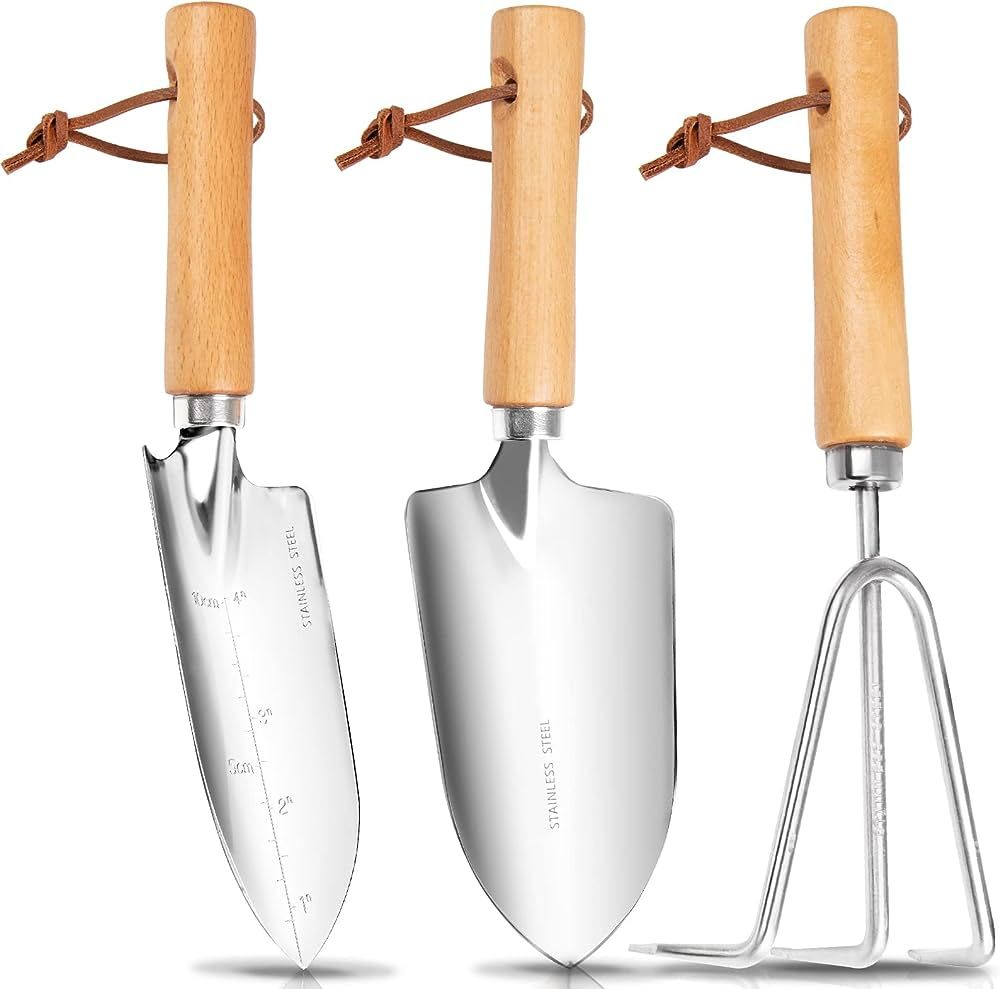 Garden Tools Set,3 Pieces Gardening Tools with Wood Handle,Stainless Steel Gardening Kit Garden S... | Amazon (US)