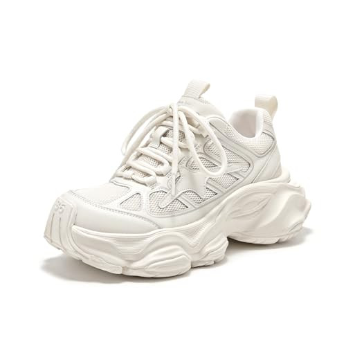 BEAU TODAY Chunky Sneakers for Women,Genuine Leather Platform Sneakers Women, Comfortable Lace-up Walking Tennis Casual Shoes Trendy Dad Fashion Sneakers White US 5.5 | Amazon (US)