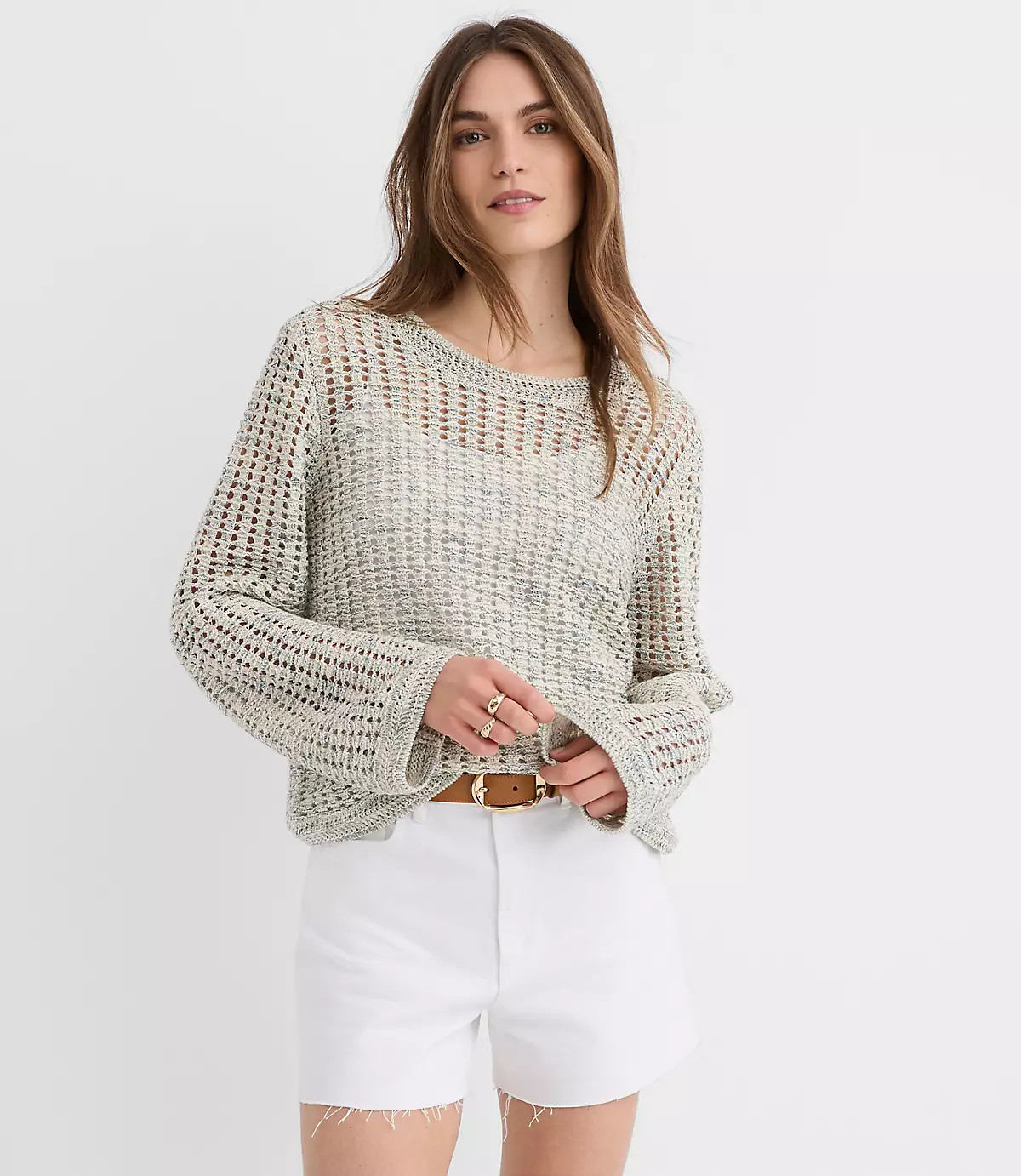 Marled Open Stitch Flare Sleeve Sweater | LOFT