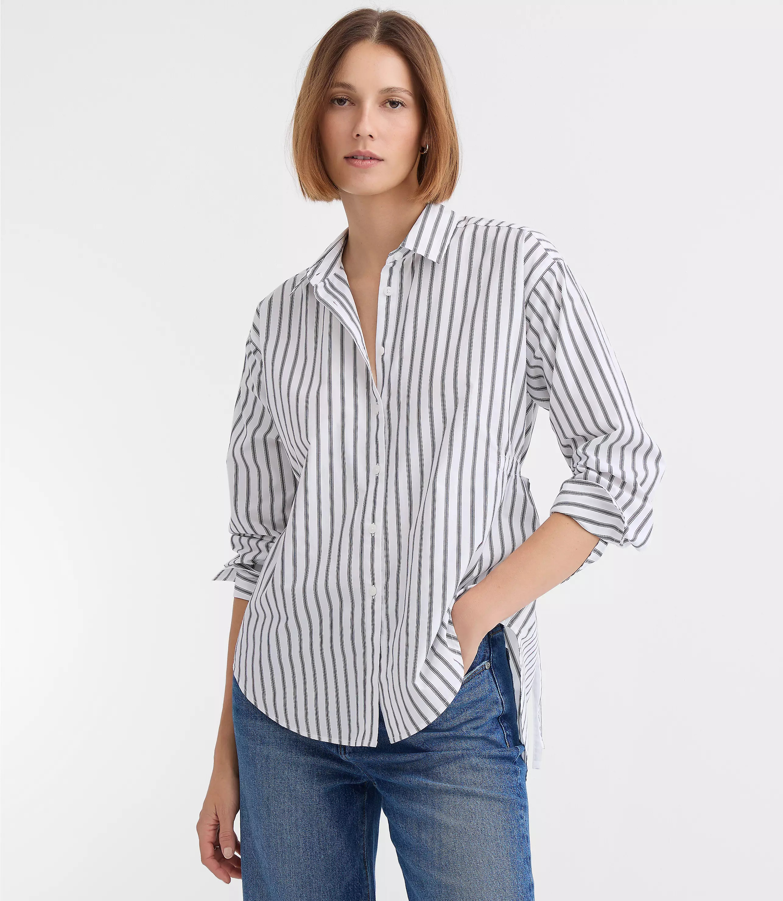 Petite Striped Poplin Cutout Back Tunic Shirt | LOFT