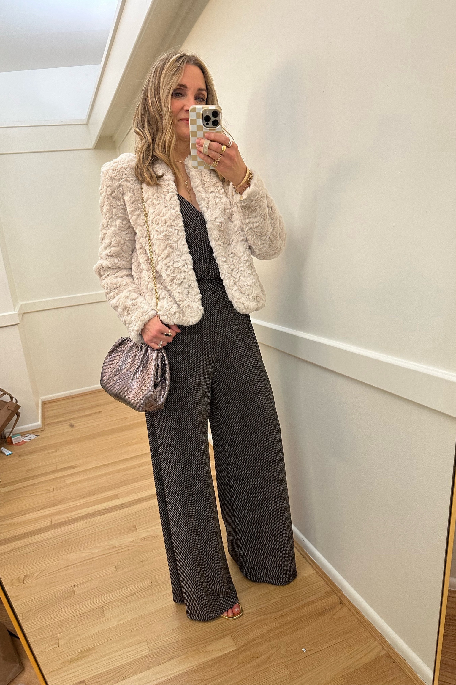 Holiday party outfit! Faux fur crop jacket and sparkly jumpsuit with metallic bag and gold and silver heels. Kohls, Anthropologie 

#LTKHoliday #LTKstyletip #LTKfindsunder50