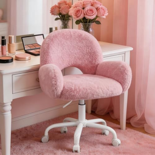 Homkdom Vanity Chair with Round Hollow Back, Pink Desk Chair with Arms & Wheels, Cute Office Chair for Make-up Room, Bedroom, Home Office, Salon, Height Adjustable, Faux Rabbit Fur | Amazon (US)