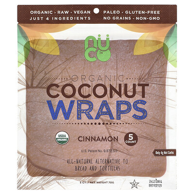 NUCO, Organic Coconut Wraps, Cinnamon, 5 Wraps, 14 g Each | iHerb