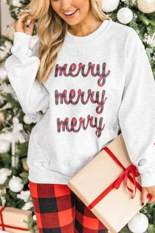 Plaid Merry Merry Merry Ash Graphic Sweatshirt | The Pink Lily Boutique