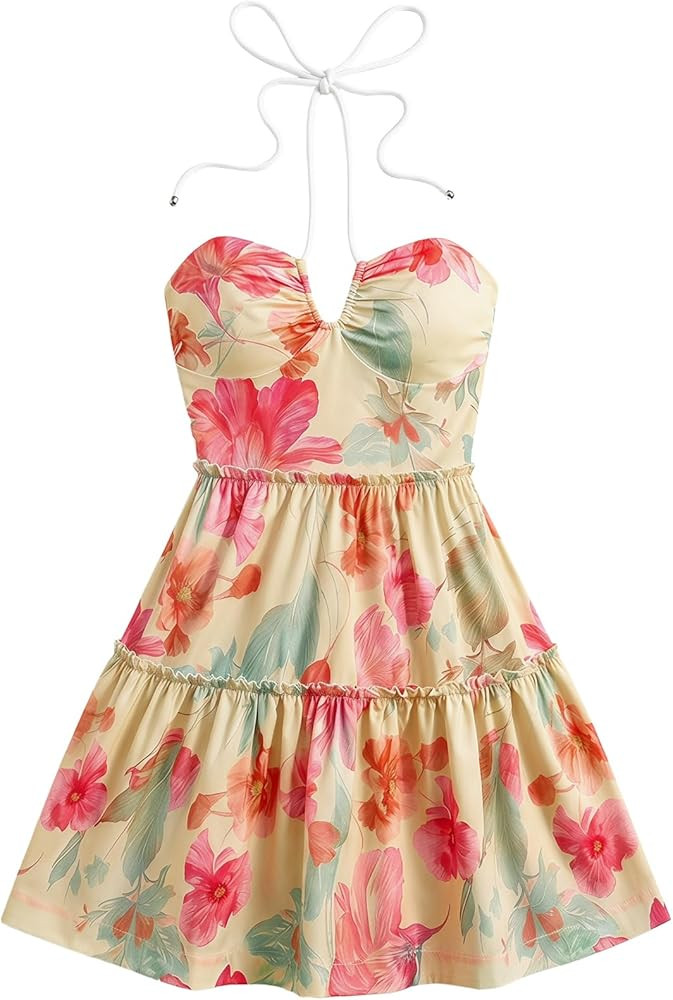 Floerns Women's Floral Sleeveless Halter Dress Milkmaid Flare Hem Boho Mini Dress | Amazon (US)