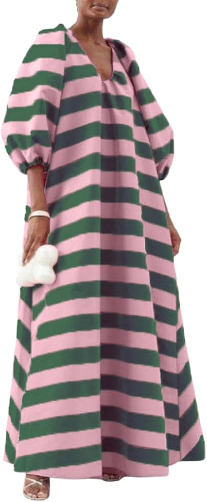 Women's Oversized Striped Lantern Sleeve V Neck Maxi Dress Casual Loose Printed Half Sleeve Long ... | Amazon (US)