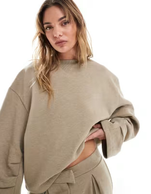 ASOS DESIGN oversized sweat with ruched sleeve detail in khaki marl | ASOS (Global)