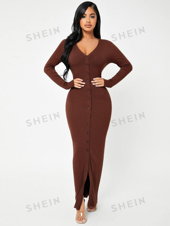 SHEIN SXY Button Through Rib Knit Bodycon Dress | SHEIN