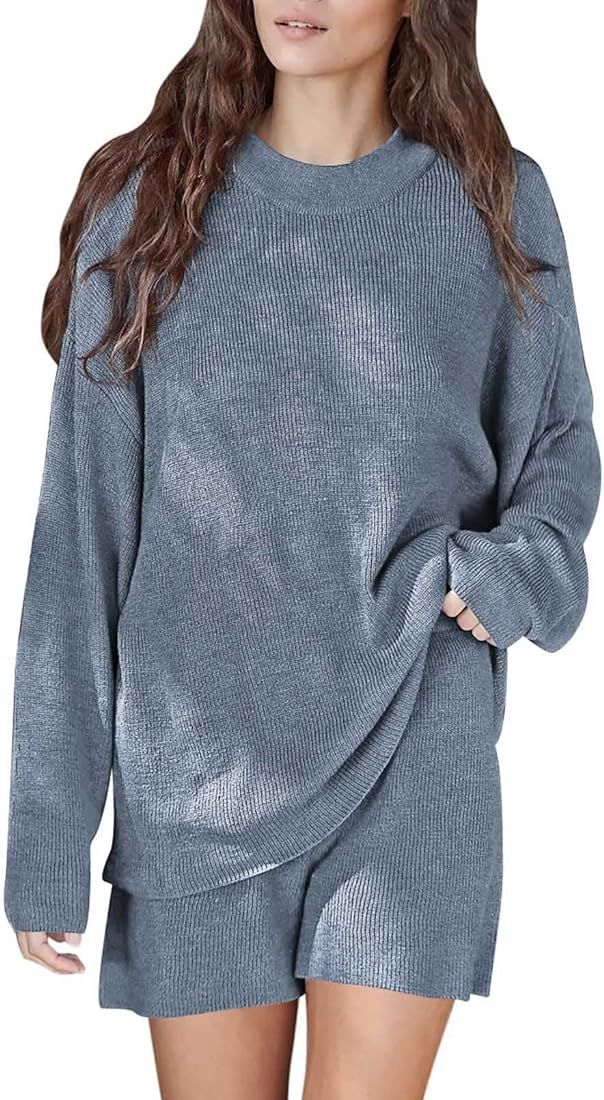 Women's 2 Piece Outfits Lounge Shorts Set Oversized Sweater Top Loungewear Sweatsuit | Amazon (US)