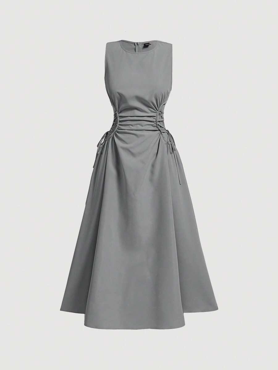 SHEIN MOD Grey Date Night Lateral Cross Frenulum Solid Ruched Detail Long Dress,Tea Party Dress,S... | SHEIN