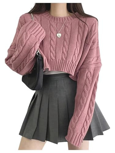 SHENHE Women's Cable Knit Cropped Sweater Crew Neck Long Sleeve Loose Sweater Pullover Pink Small | Amazon (US)