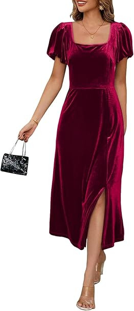 BLENCOT Women's Casual Fall Short Sleeve Square Neck Midi Dress Side Slit Velvet Wedding Guest Fl... | Amazon (US)