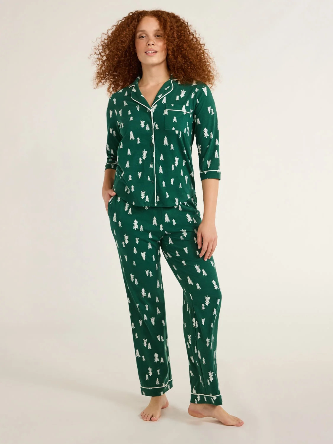 Joyspun Women’s and Women’s Plus Cotton Blend Notch Collar Pajama Set, 2-Piece, Sizes XS to 4... | Walmart (US)