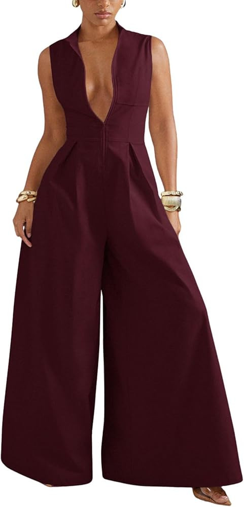 Verdusa Women's Zip Up Wide Leg Jumpsuits Sleeveless One Piece Formal Dressy Rompers Holiday Jump... | Amazon (US)