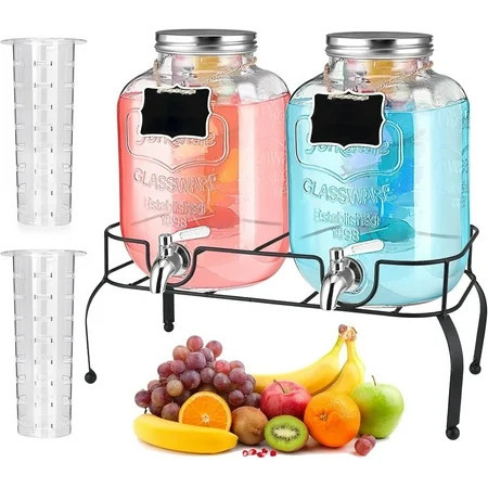 HBlife 1 Gallon Glass Drink Dispenser, Beverage Dispenser with Stand, Stainless Steel Spigot, and Ice Cylinder,2 Pack | Walmart (US)