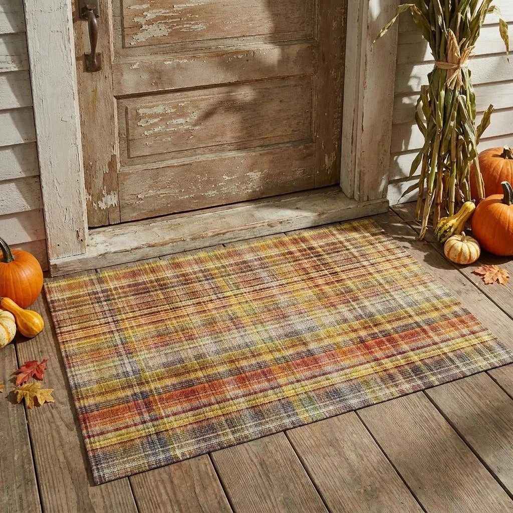 2' X 3' Orange Plaid Washable Non Skid Indoor Outdoor Area Rug | Wayfair North America