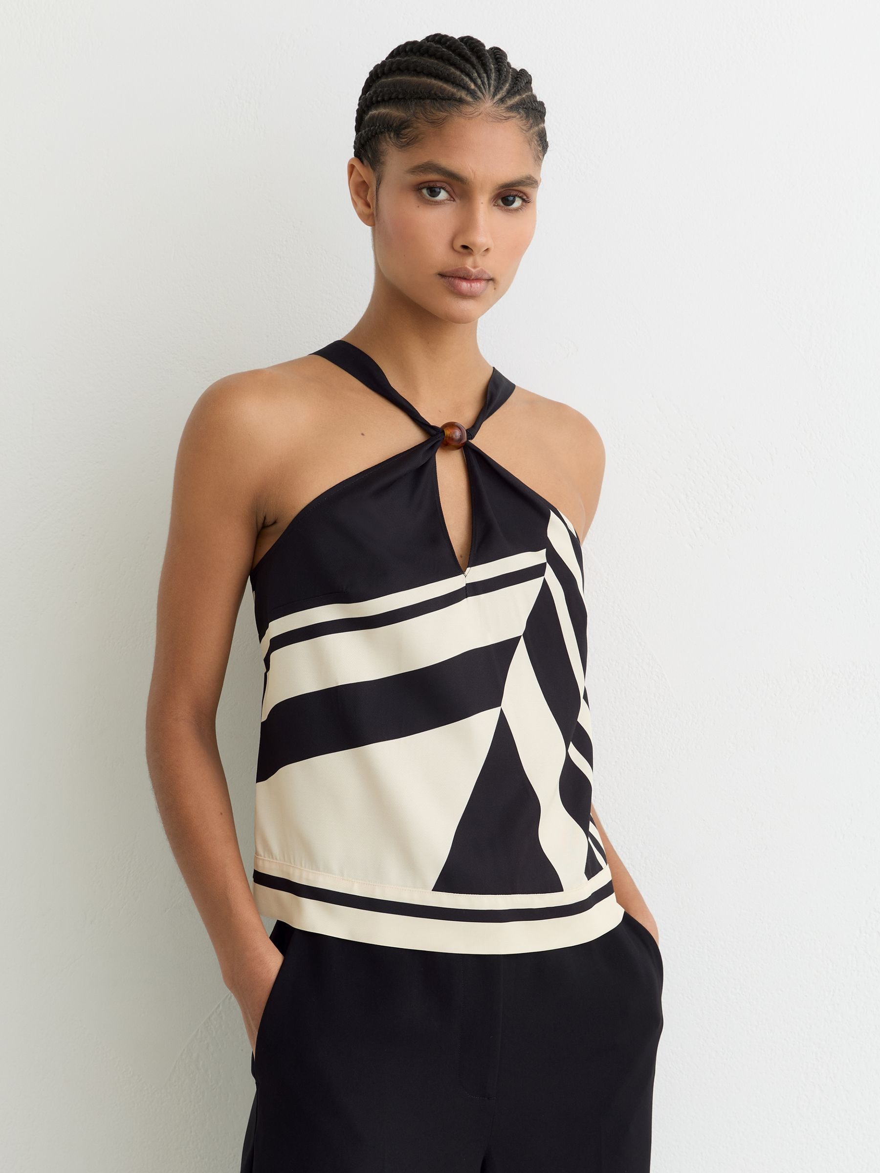 Scarf-Print Tie-Back Top in Black/White | Reiss UK