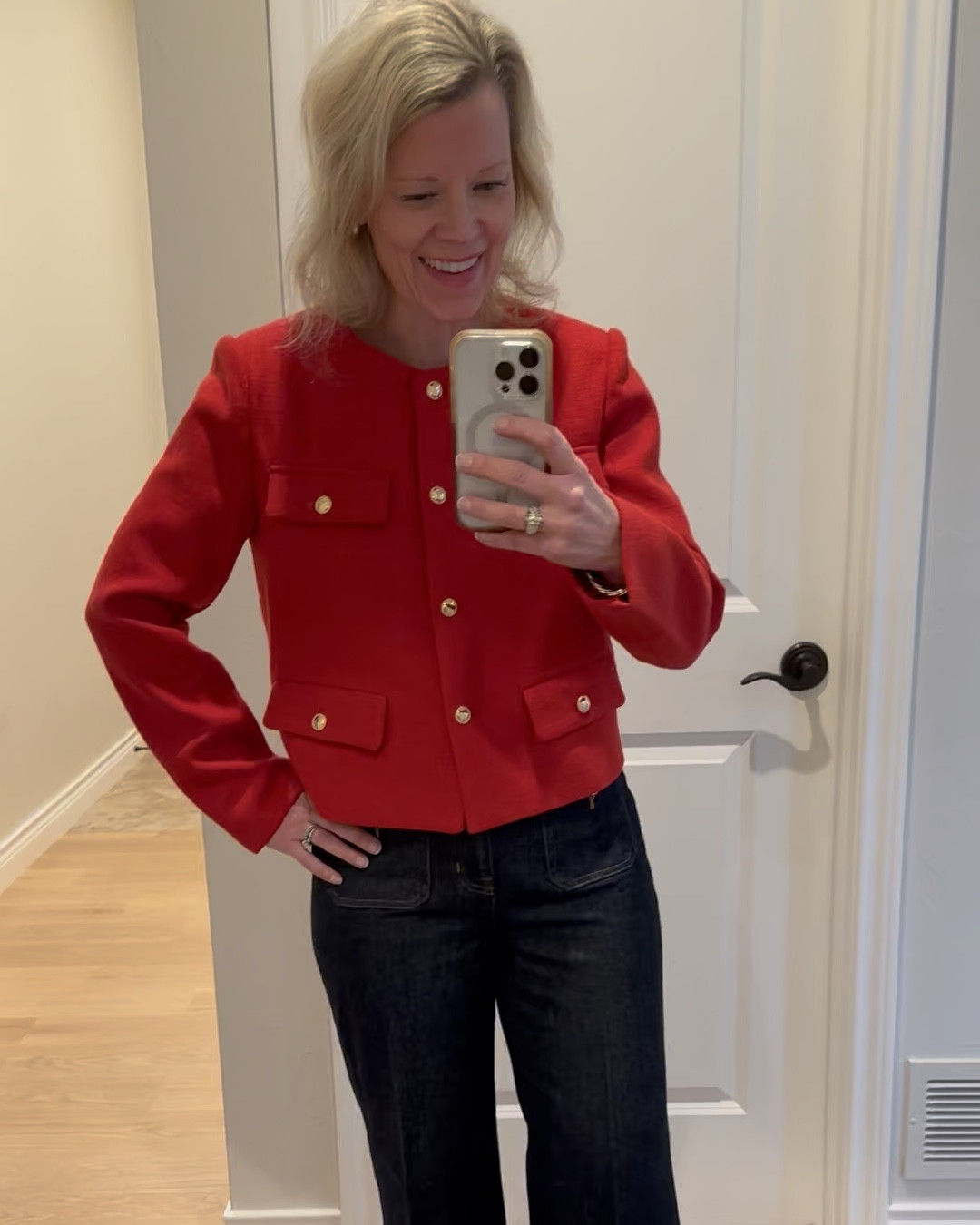 This red jacket with these dark sailor jeans is such a pretty outfit!!  Both fit true to size. The jacket is less than $50 and comes in other colors as well. The jeans have been some of my favorites!!

#LTKWatchNow #LTKFindsUnder50 #LTKStyleTip