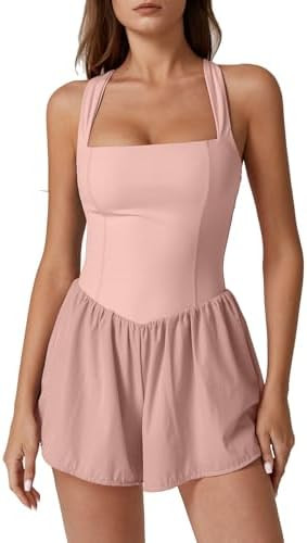 QINSEN Women's Square Neck Sleeveless Romper Jumpsuit Casual Summer One Piece Outfit with Pocket | Amazon (US)