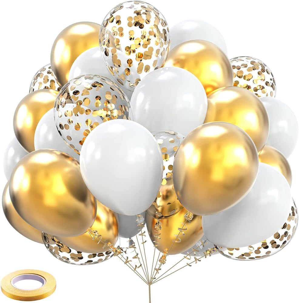 Gold Balloons 60 Pack 12 inch Matte White Metal Gold and Confetti Latex Globo Balloon Bulk with 3... | Amazon (US)