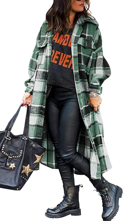 Women's Long Flannel Plaid Lapel Long Sleeve Button Down Shirt Jacket Shacket Coat | Amazon (US)