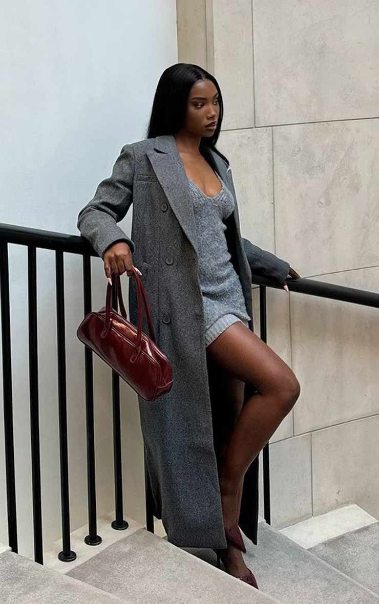 Dark Grey Wool Look Oversized Drop Shoulder Maxi Coat | PrettyLittleThing UK