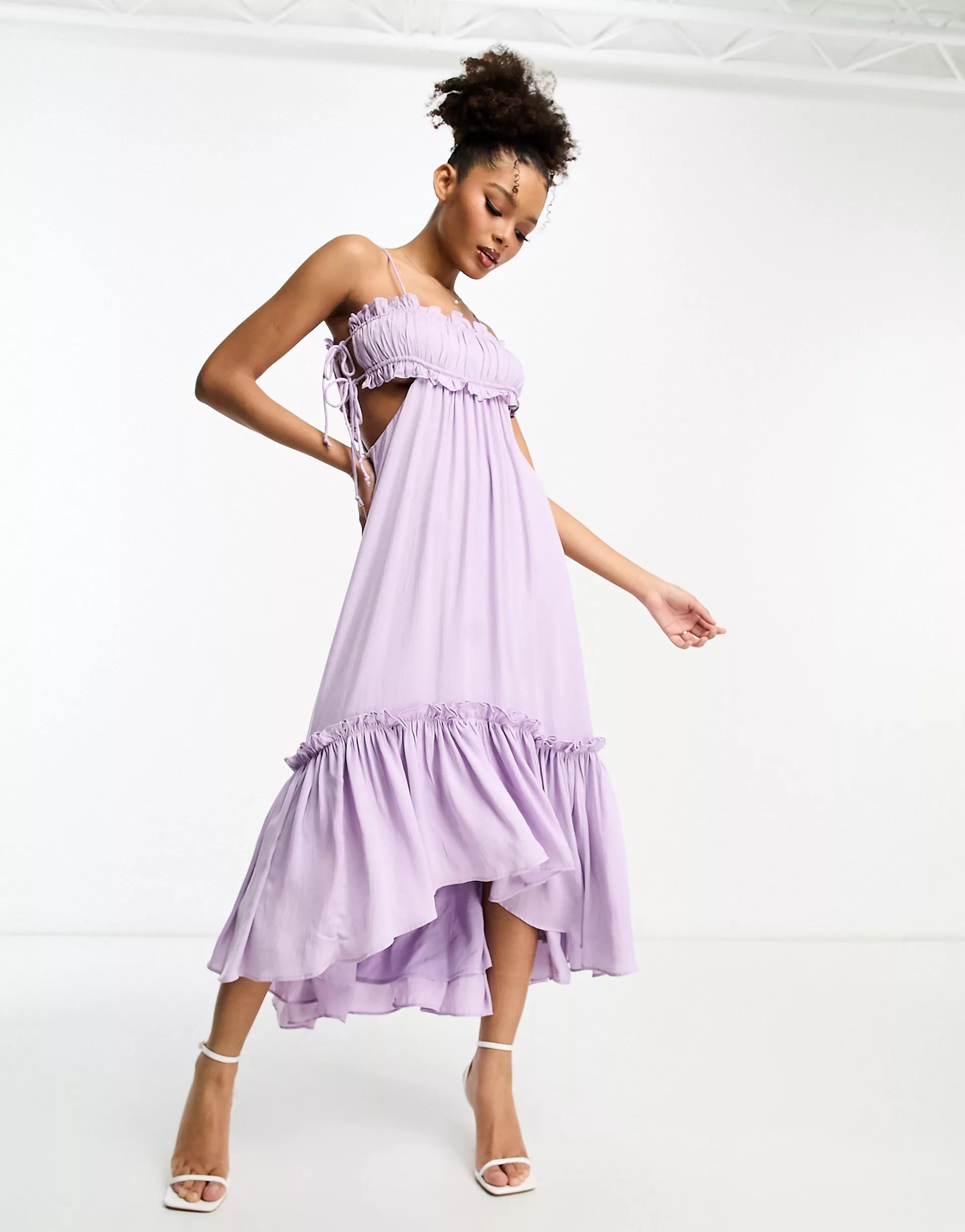 ASOS DESIGN ruched bust satin midi dress with tie detail and cut out in lilac | ASOS (Global)