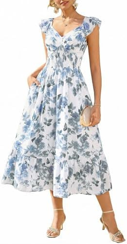 GRACE KARIN Women's Summer Floral Maxi Dress 2026 Ruffle Sleeve Smocked Sundress Flowy Wedding Gu... | Amazon (US)
