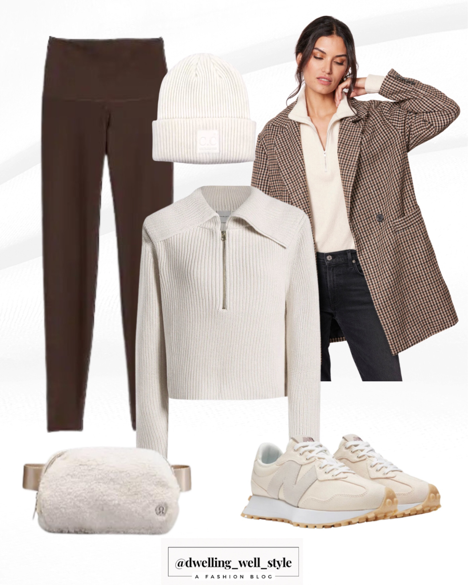 Houndstooth Check Blazer Coat, Dark Brown Espresso Leggings, Half-Zip Oversized Collar Sweater, Lululemon Sherpa Fleece Belt Bag, New Balance Sneakers, Ivory Ribbed Beanie

#LTKSeasonal #LTKunder100 #LTKstyletip