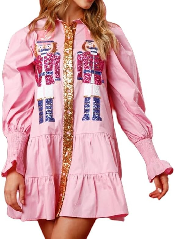 Muineobuka Womens Christmas Sequin Nutcracker Dress Long Sleeve Tiered Glitter Nutcracker Print H... | Amazon (US)