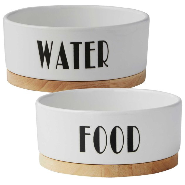 FRISCO Ceramic Dog & Cat Water + Food Bowl with Wood Base, 1.25 Cups - Chewy.com | Chewy.com