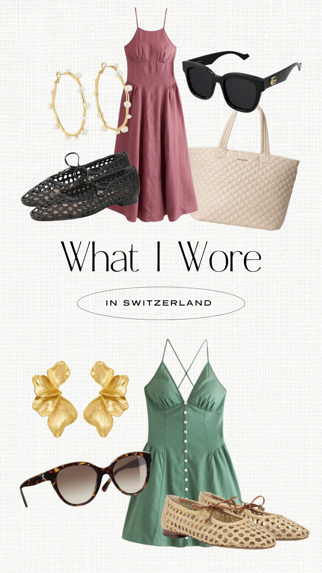 What I wore while in Switzerland! Designer sunglasses. Luxe tote bags for travel. Gold statement earrings and jewelry. Woven ballet flats. Bra-free mini and midi dresses. Elevated casual outfits for Europe. Linen dresses for summer.

#LTKootd #LTKPetite #LTKTravel