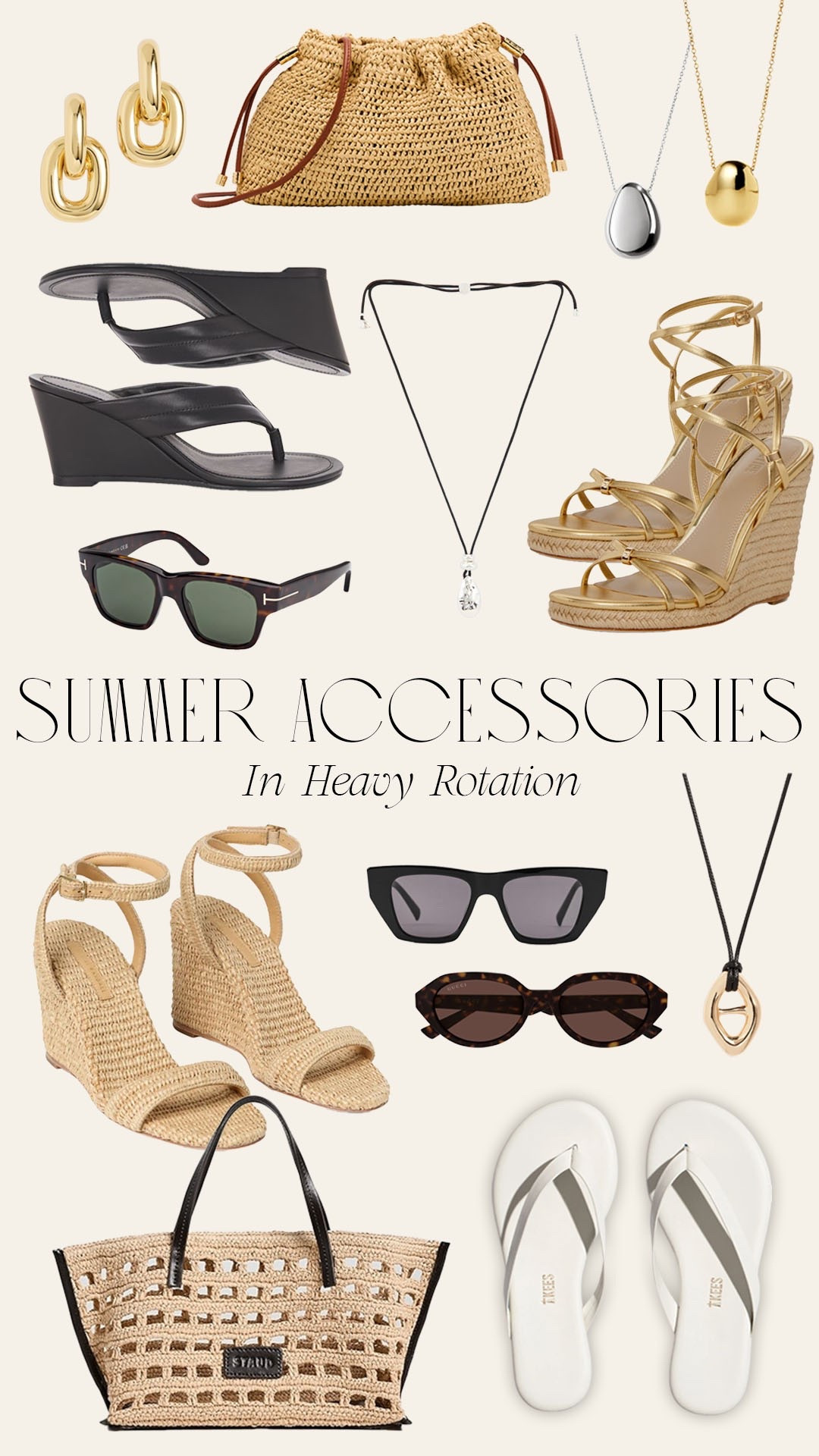 My summer accessory heavy hitters. It’s all about cute wedges, effortless jewlery, fun bags  and statement sunnies