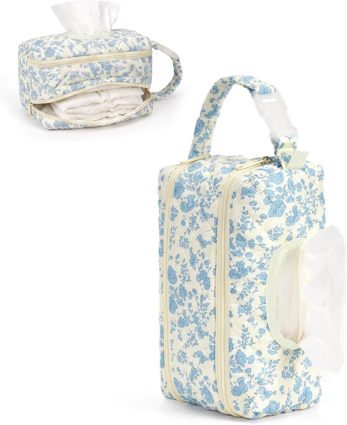 Double-Layer Wipe Holder Quilted Wipes Bag Small Hanging Diaper Bag Portable Wipe Pouch for Stroller, Home, Travel (Blue Floral) | Amazon (US)