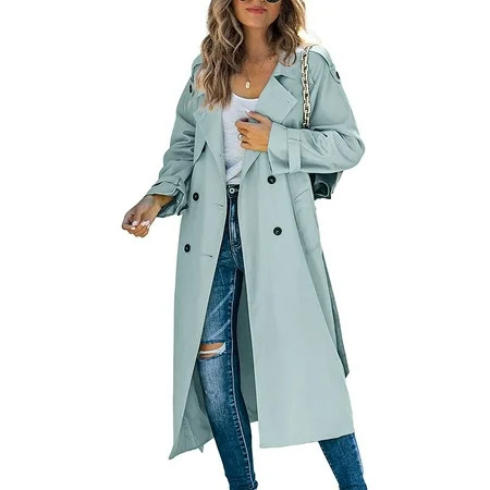 Canrulo Women s Waterproof Double-Breasted Trench Coat Classic Lapel Overcoat Slim Outerwear Coat with Belt Blue M | Walmart (US)