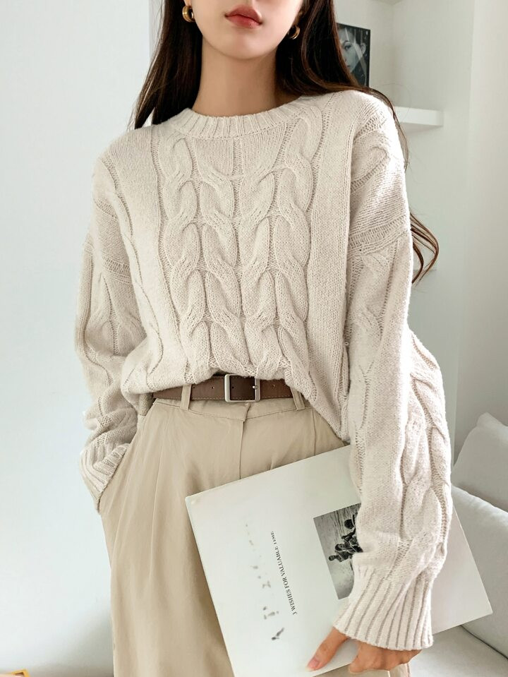 DAZY Solid Cable Knit Drop Shoulder Sweater | SHEIN