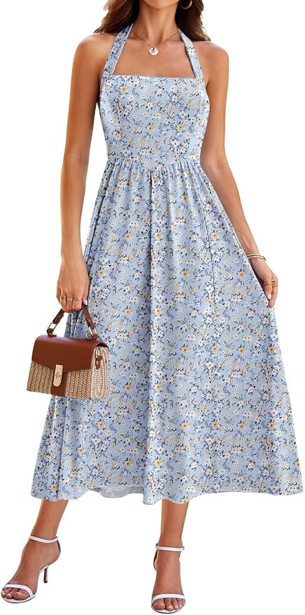 Women's Summer Halter Midi Dress with Pockets Sleeveless Drop Waist Swing Aline Flowy Beach Sun D... | Amazon (US)