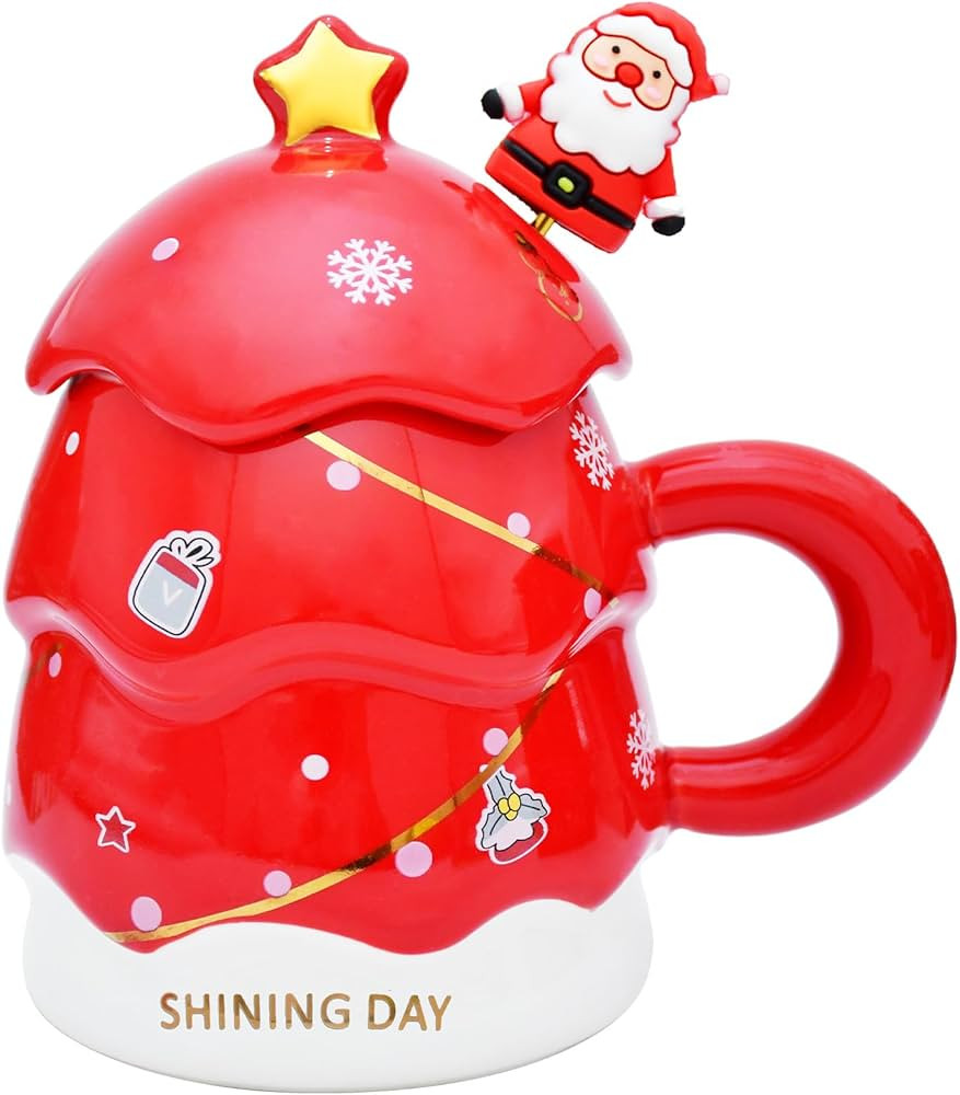 14 oz Christmas Tree Mug with Lid and Spoon Decorations, Cute Festive Ceramic Coffee Cup, Winter ... | Amazon (US)