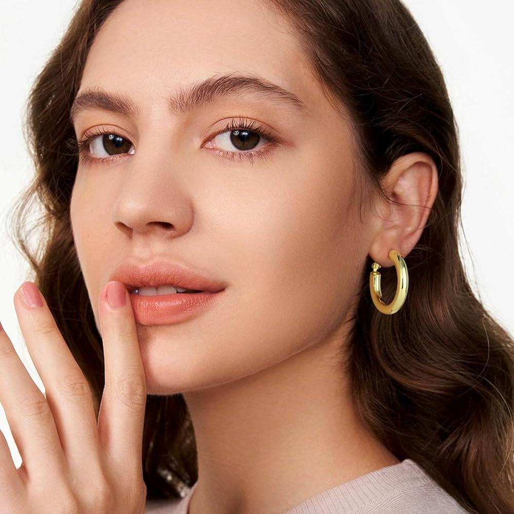 Amazon.com: SHOWNII Chunky Gold Hoop Earrings - 14K Gold Plated Earrings for Women Hollow Tube Th... | Amazon (US)