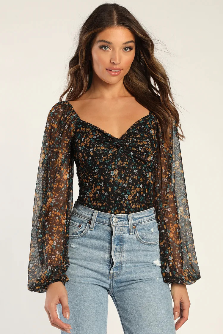 Sweet Beauty Black Floral Print Bodysuit Fall Top Fall Tops Fall Transition Fall Trends 2023 Trends | Lulus (US)