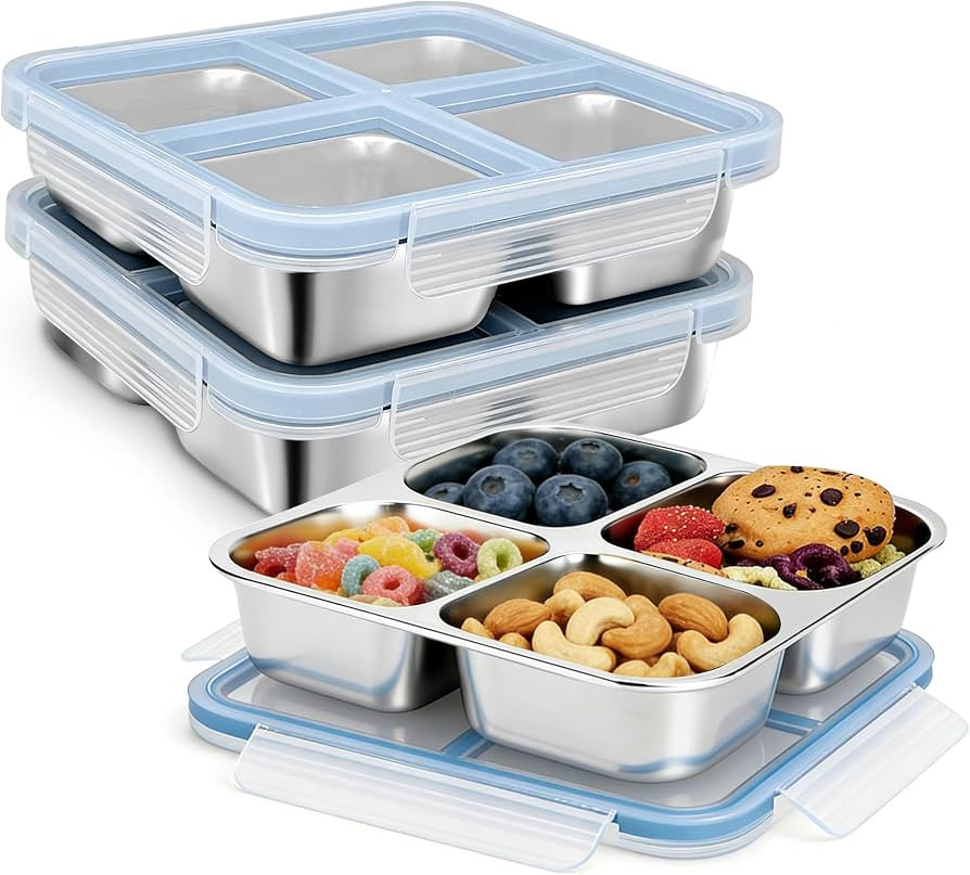 3 Pack Stainless Steel Reusable Snack Containers with Lids, 4 Compartment, Leakproof, 24.5 oz Foo... | Amazon (US)